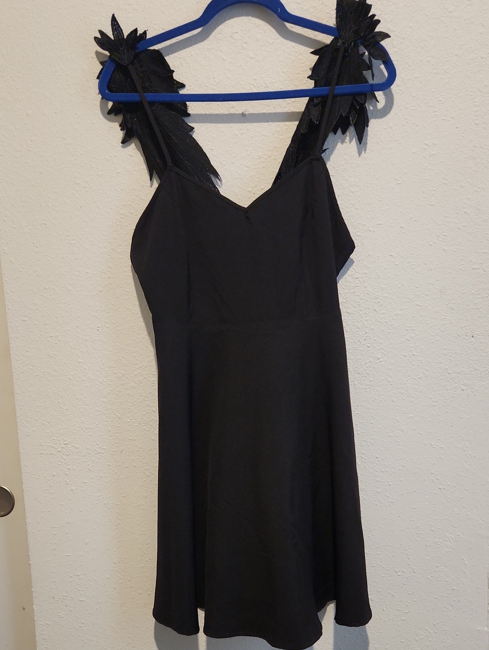 Choles Black Angel Wing Strap Mini Dress V-Neck Glitter Feather M